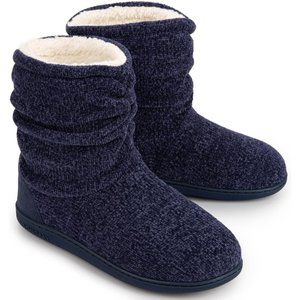 LongBay Navy Blue Small Women's Chenille Knit Bootie Slippers Fleece Memory Foam
